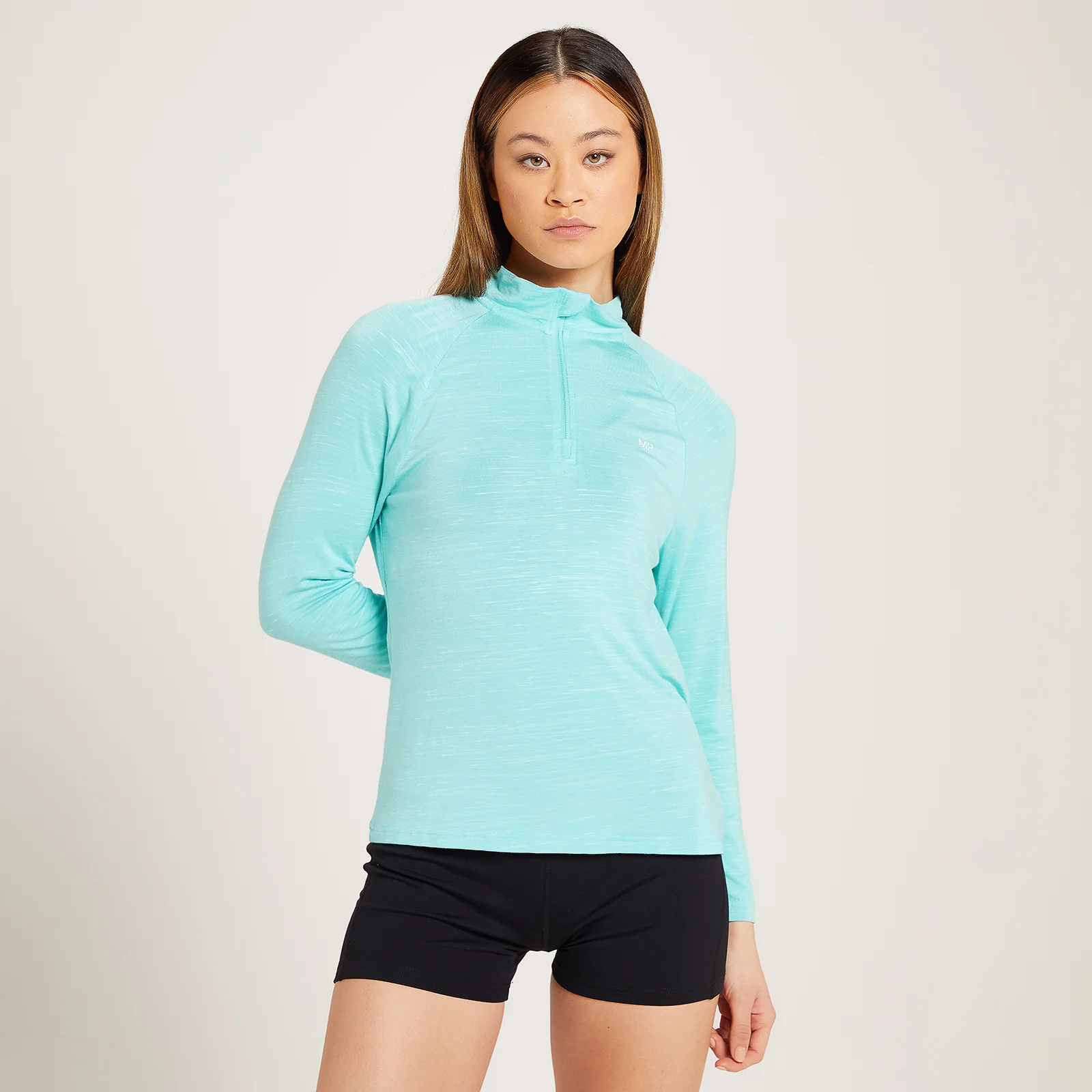 MP Performance sportshirt met kwartrits voor dames - IJsblauw gemêleerd met witte vlek - XXS Afbeelding 1