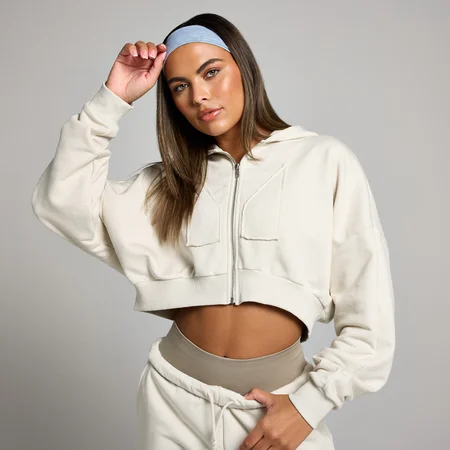 MP geropte hoodie met rits en opgestikt motief - Beenwit