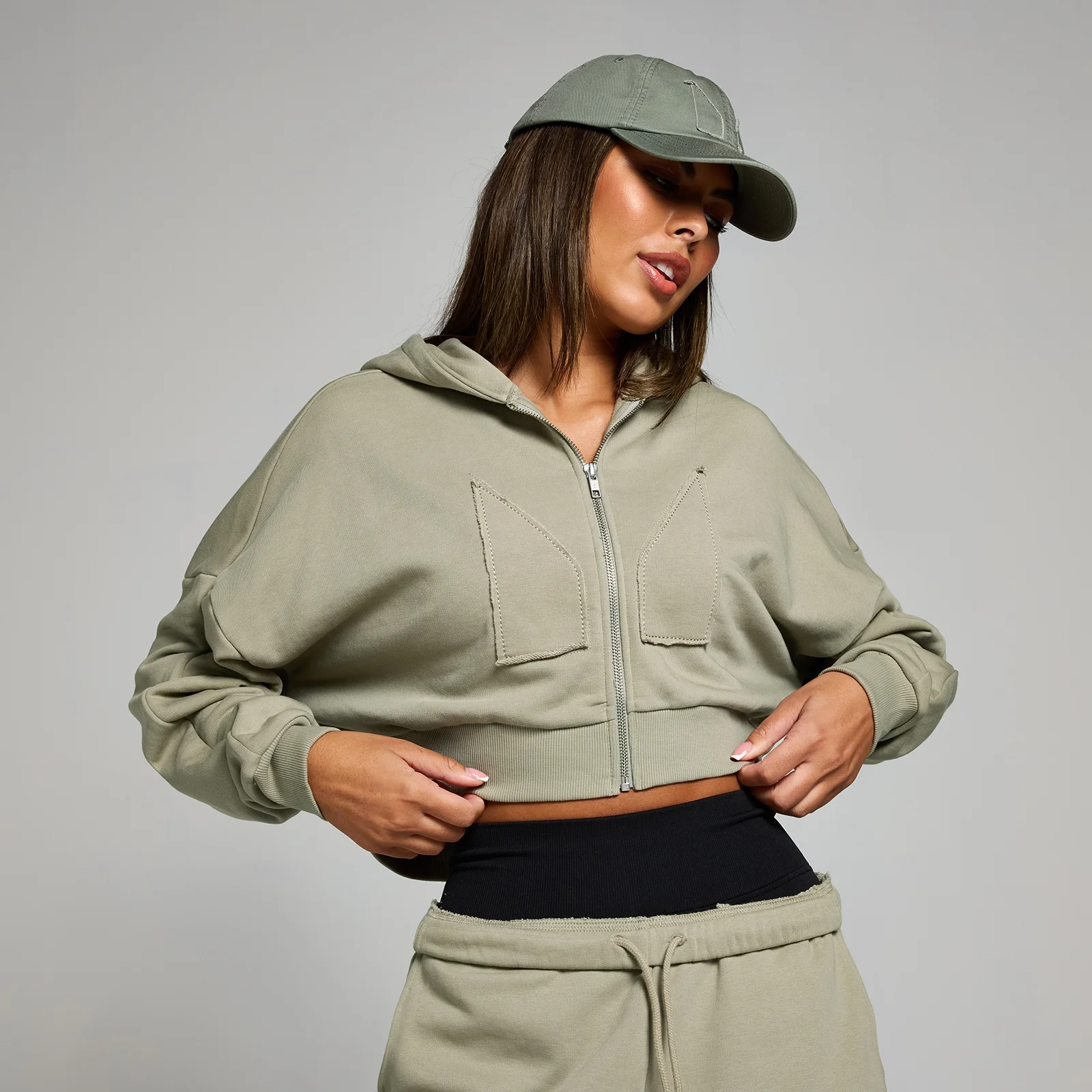 MP geropte hoodie met rits en opgestikt motief - Donkersaliegroen - XL Afbeelding 1