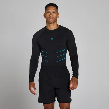 Lift Muscle Fit Naadloze Longsleeve - Gewassen Zwart/Power Blue